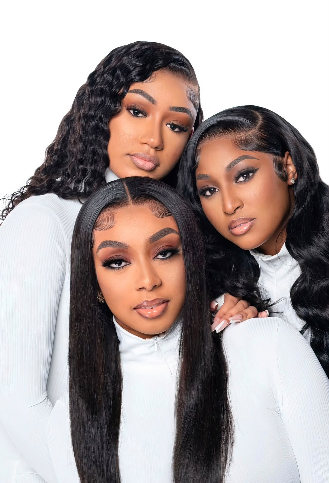 Three models wearing House of Luxxe curly, body wave and straight hair